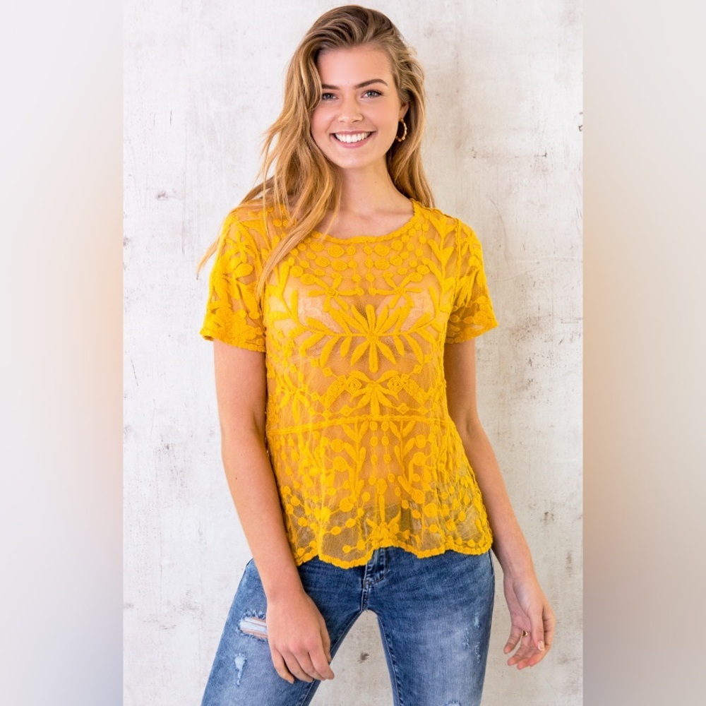 Zara Women’s Orange Mustard Embroidered Tulle Floral Blouse - Picture 3 of 11